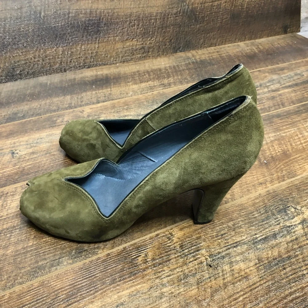 Farylrobin Olive Green Suede Peep-Toe Heels 10